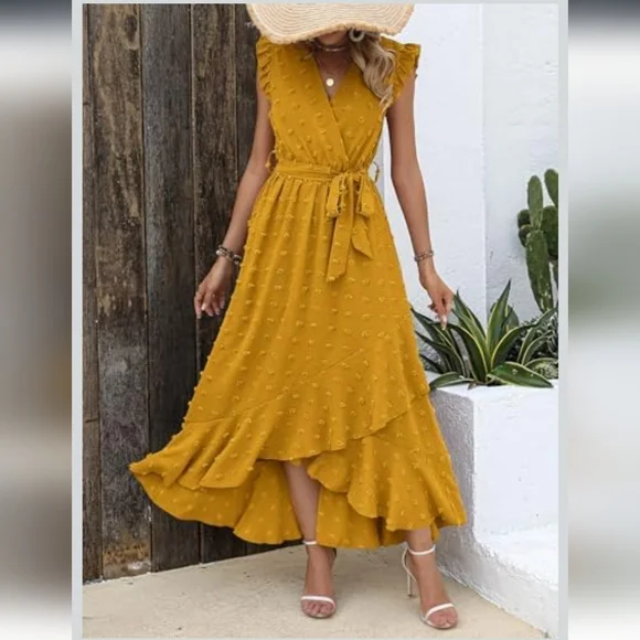 BTFBM Women's 2023 Summer Wrap V Neck Dress Ruffle Sleeve Swiss Dot Boho Sz M - Picture 4 of 16